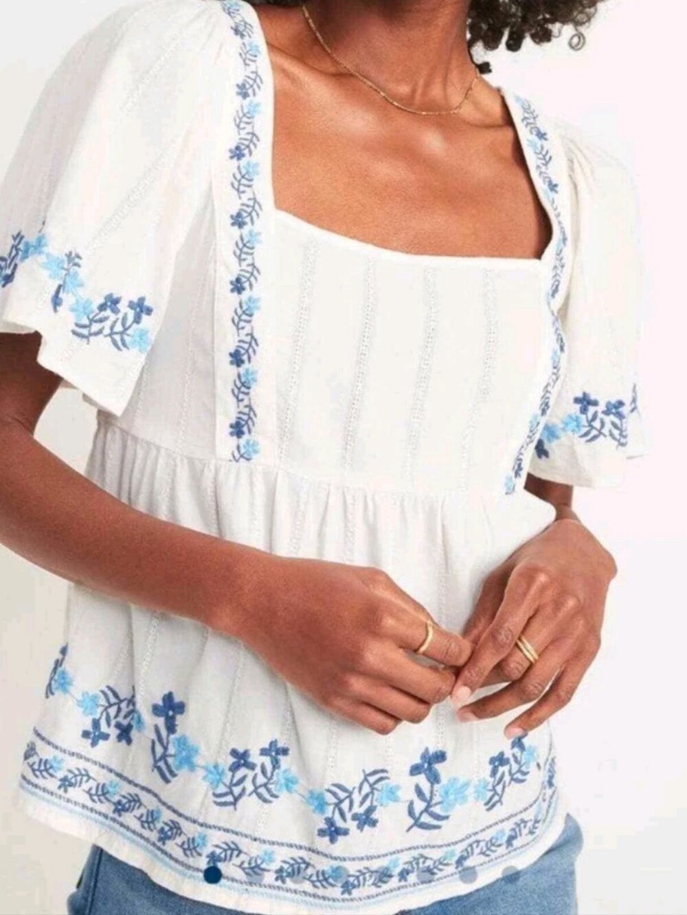 Old Navy Embroidered Flutter Sleeve Square Neck Top Cream Blue Floral Cottagecor